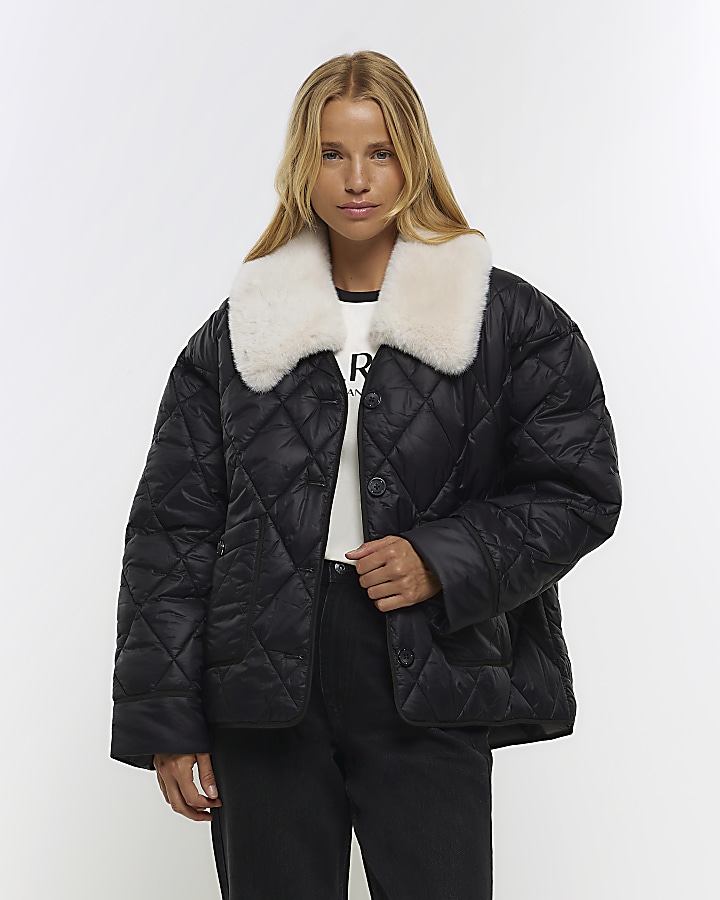 Black faux fur 2025 collar puffer jacket