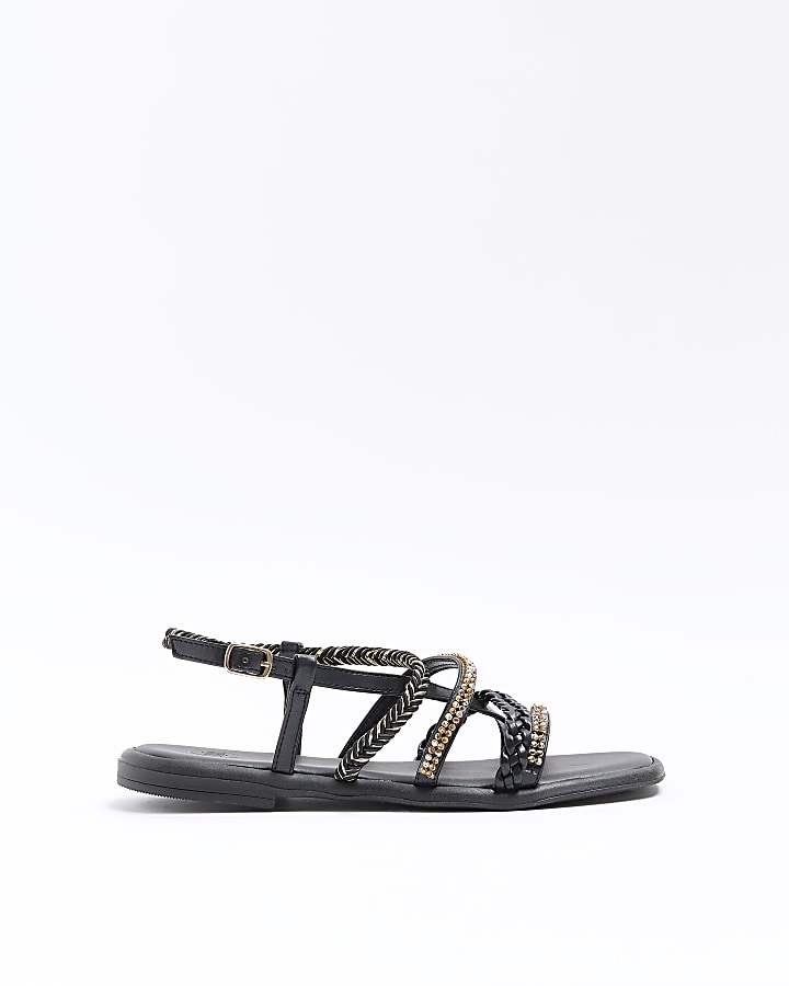 Black embellished flat sandals | River Island