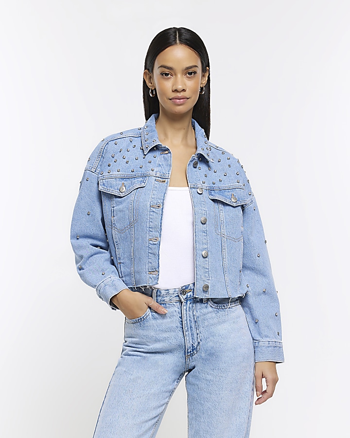 Blue embellished cropped denim jacket