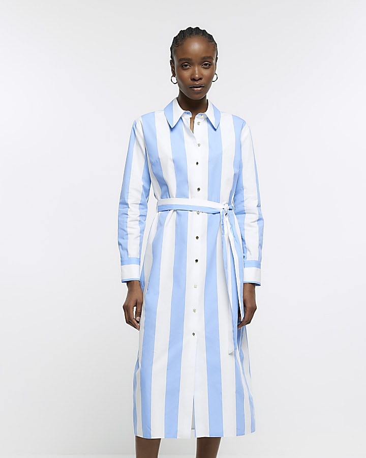 Blue striped tie waist midi shirt dress