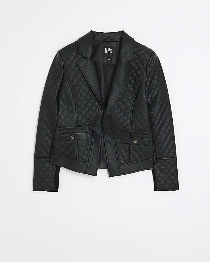 Black faux leather quilted blazer