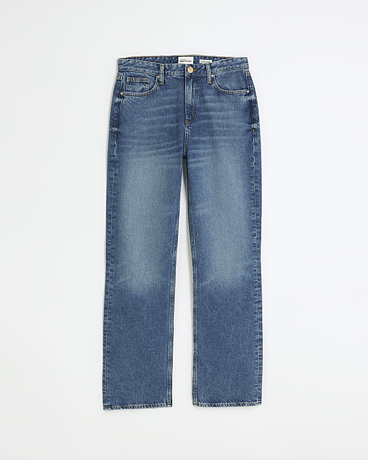 Blue high rise stove pipe straight leg jeans