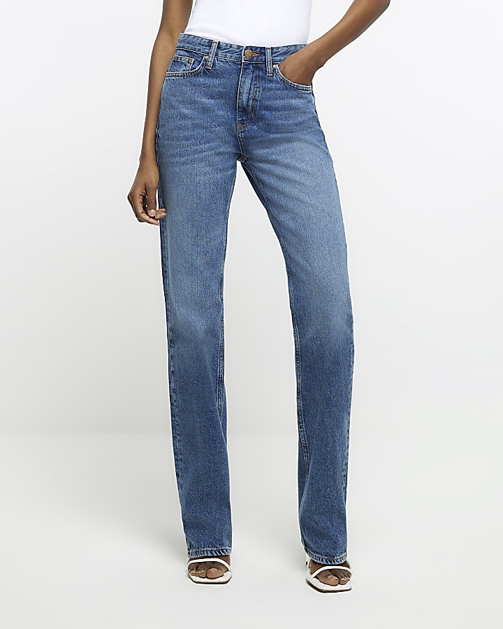 Blue high rise stove pipe straight leg jeans