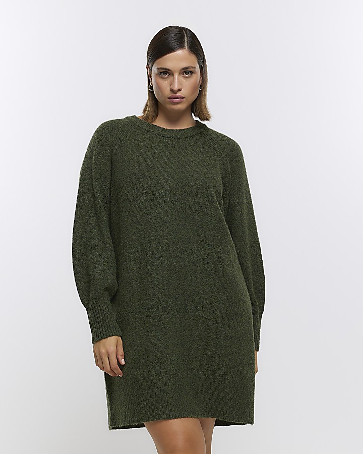 Plus khaki long sleeve jumper mini dress | River Island