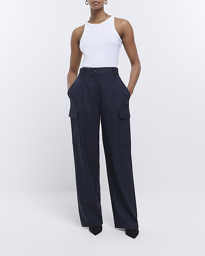 Navy Wide Leg Cargo Pants with White Stitching