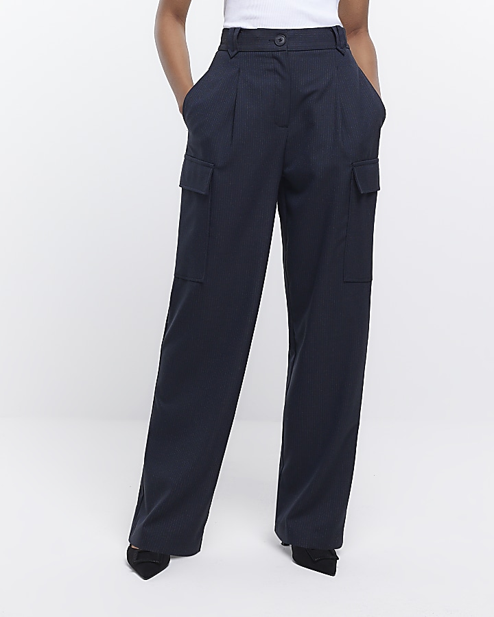 Navy striped wide leg cargo trousers | River Island