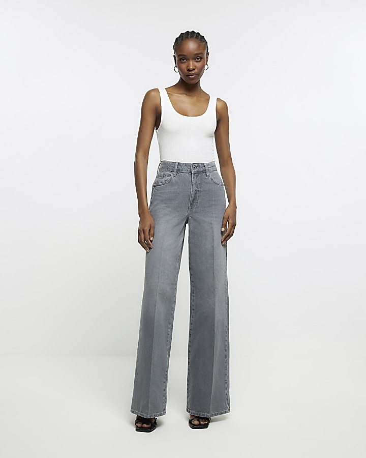 Grey tailored wide leg jeans | River Island