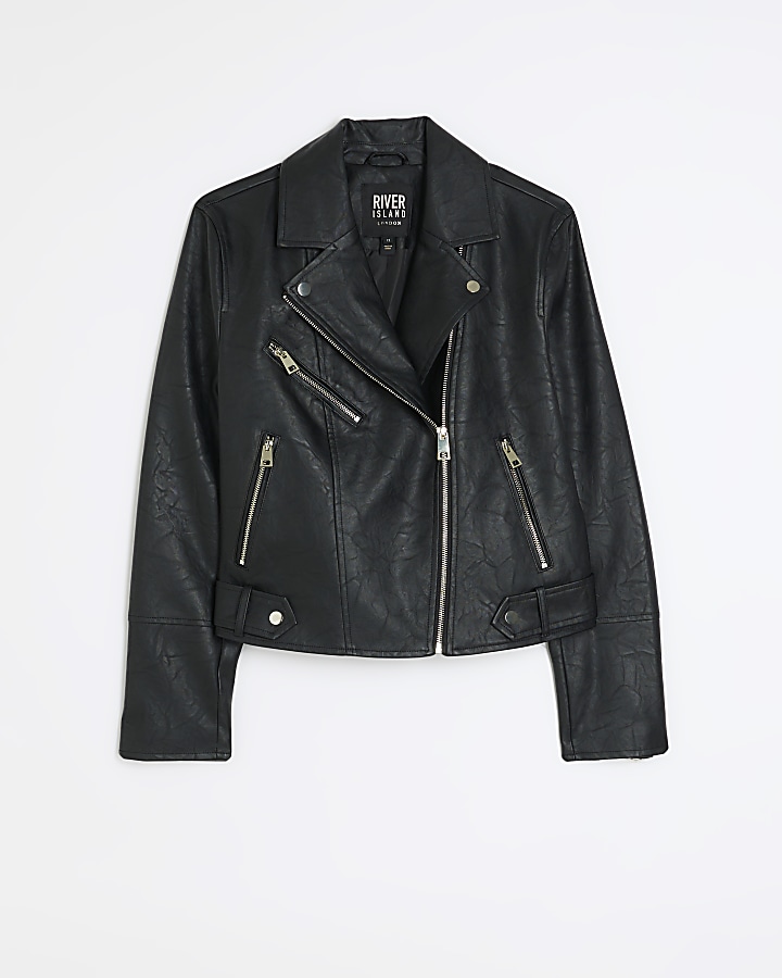 Black faux leather biker jacket | River Island