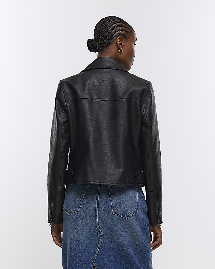 Black faux leather biker jacket | River Island