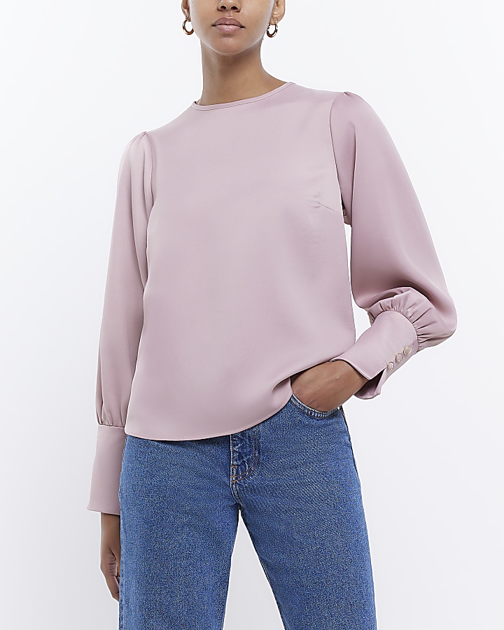 Pink satin store long sleeve blouse