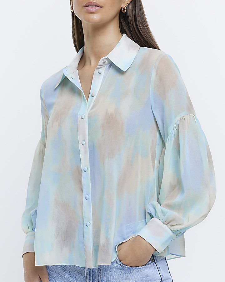 Blue chiffon watercolour print shirt