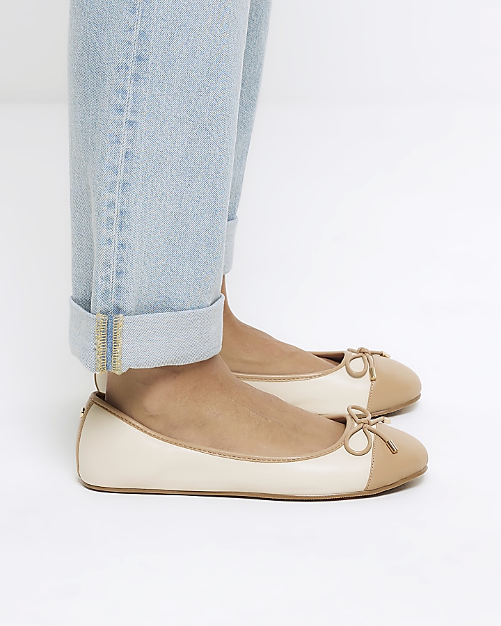 Beige wide fit bow ballet shoes | River Island