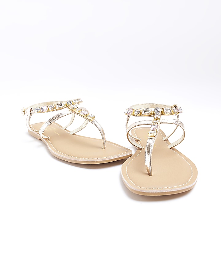 Gold wide fit leather embellished sandals