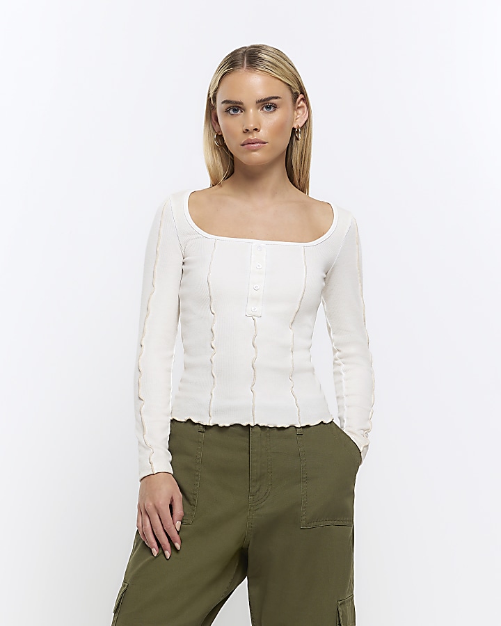 Petite beige ribbed long sleeve top