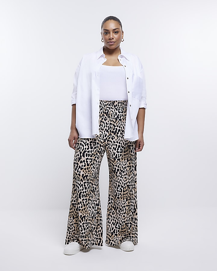 Plus beige leopard print flare trousers