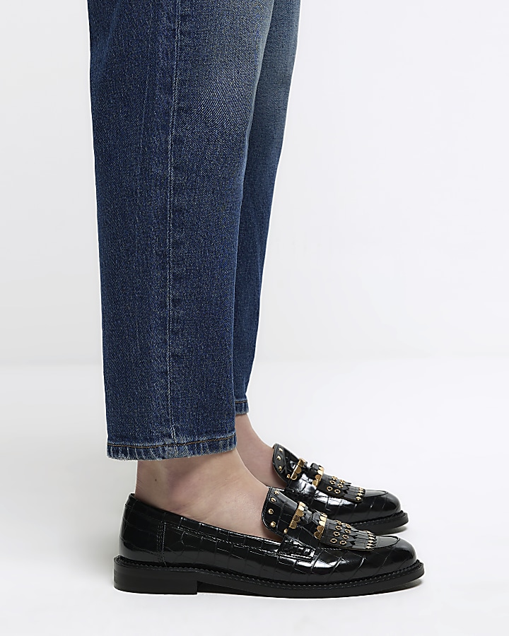 Black studded fringe loafers