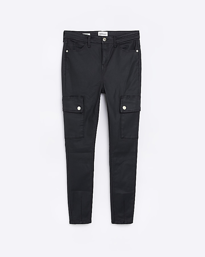 Black high waisted coated cargo skinny jeans
