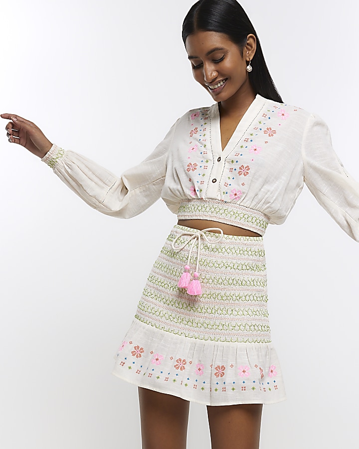 Cream embroidered shirred mini skirt