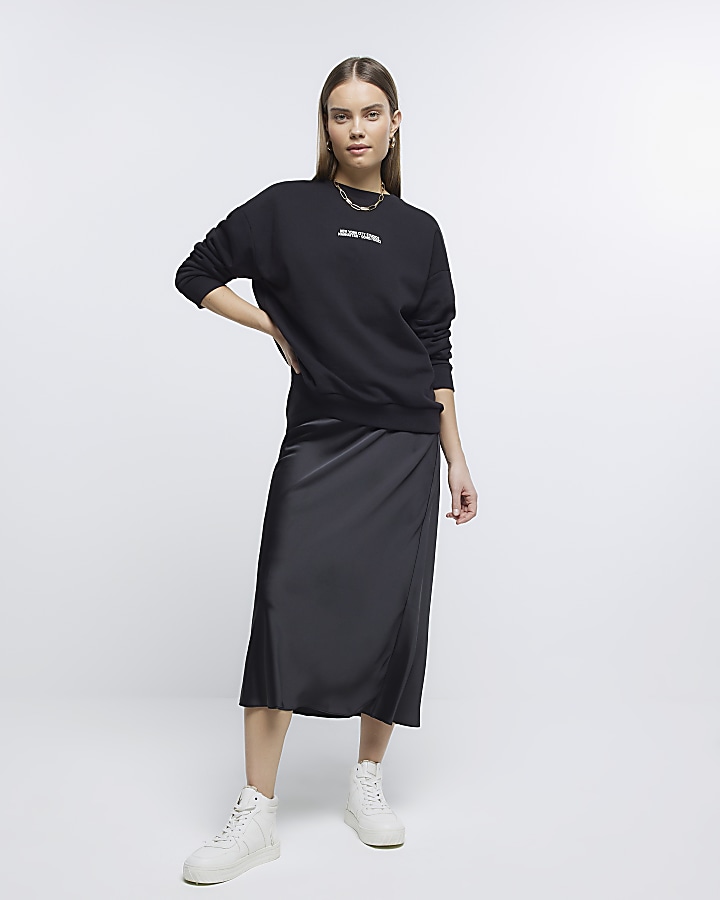 Black satin maxi skirt