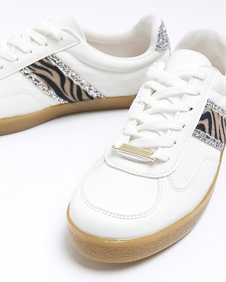 White animal print lace up trainers