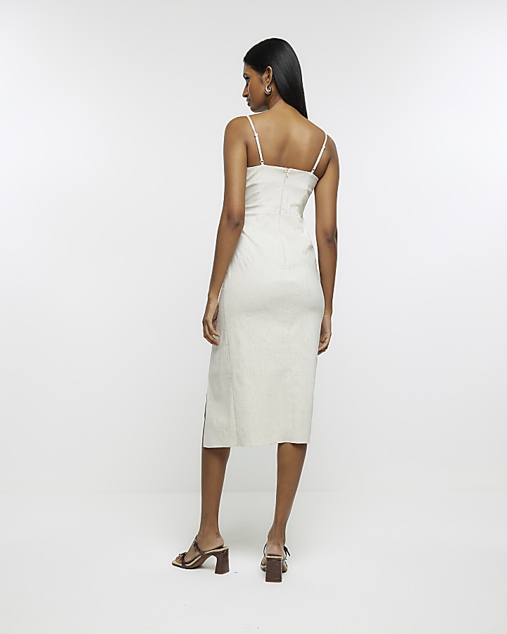 Cream ruched bodycon midi dress with linen River Island