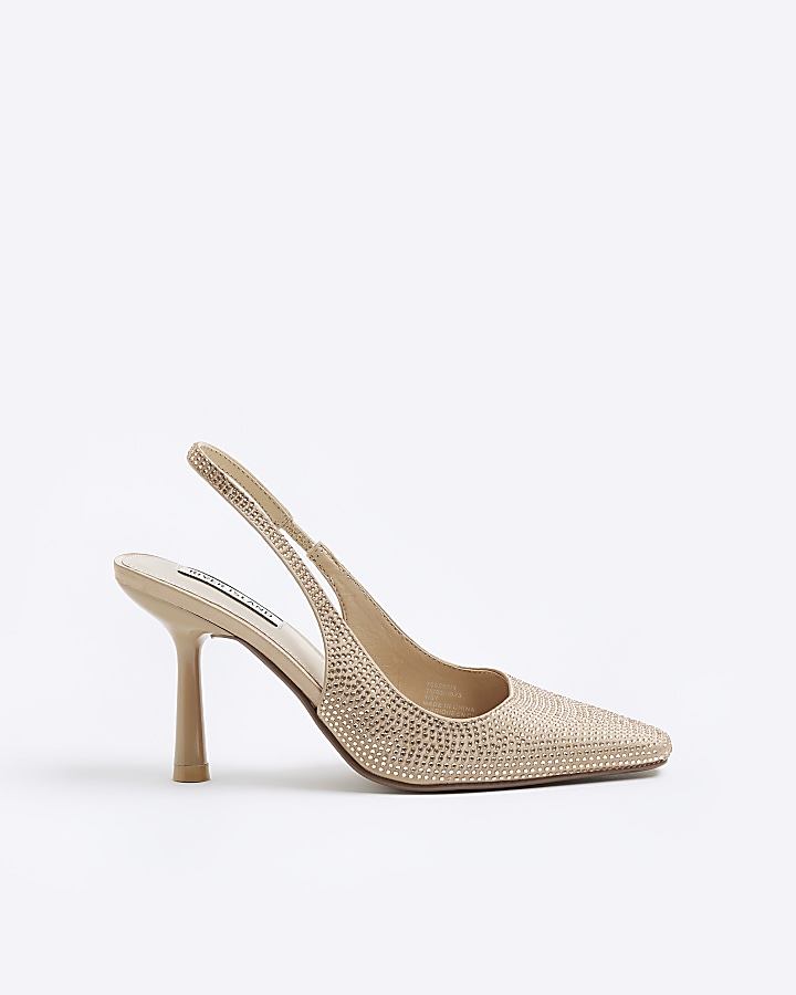 Beige diamante heeled court shoes