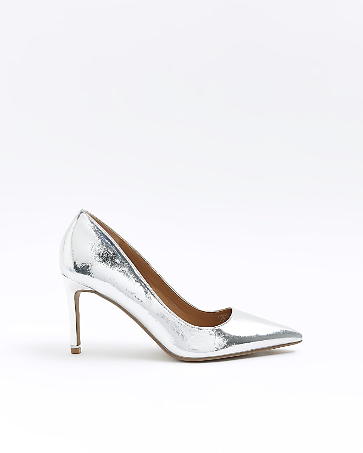 Silver heeled court shoes River Island