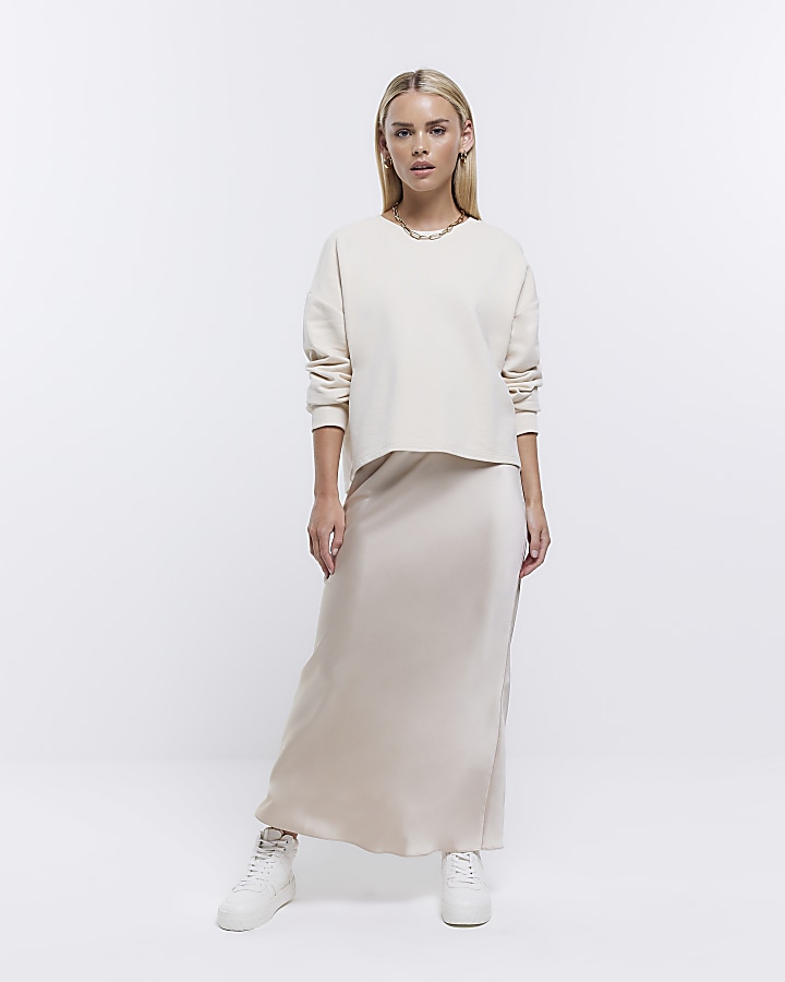 Petite beige satin maxi skirt