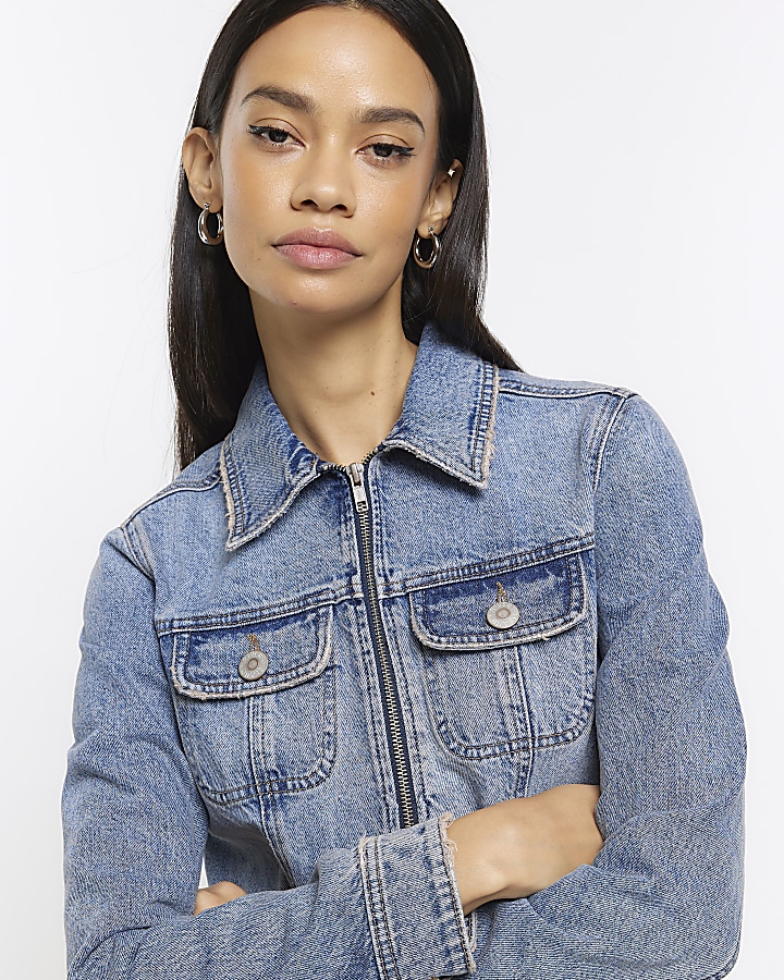 Blue denim zip up jacket River Island