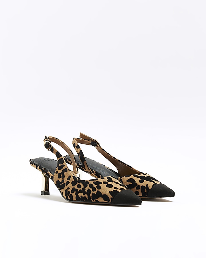 Brown leopard print kitten heel court shoes