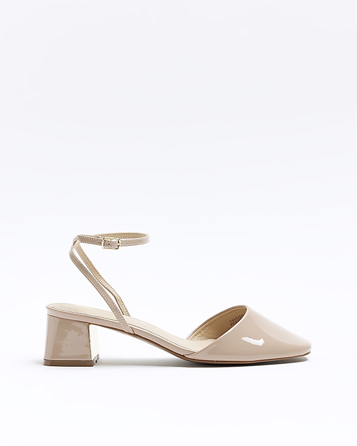 Beige block heeled court shoes