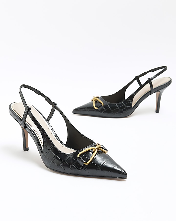 Black patent heeled court shoes | River Island