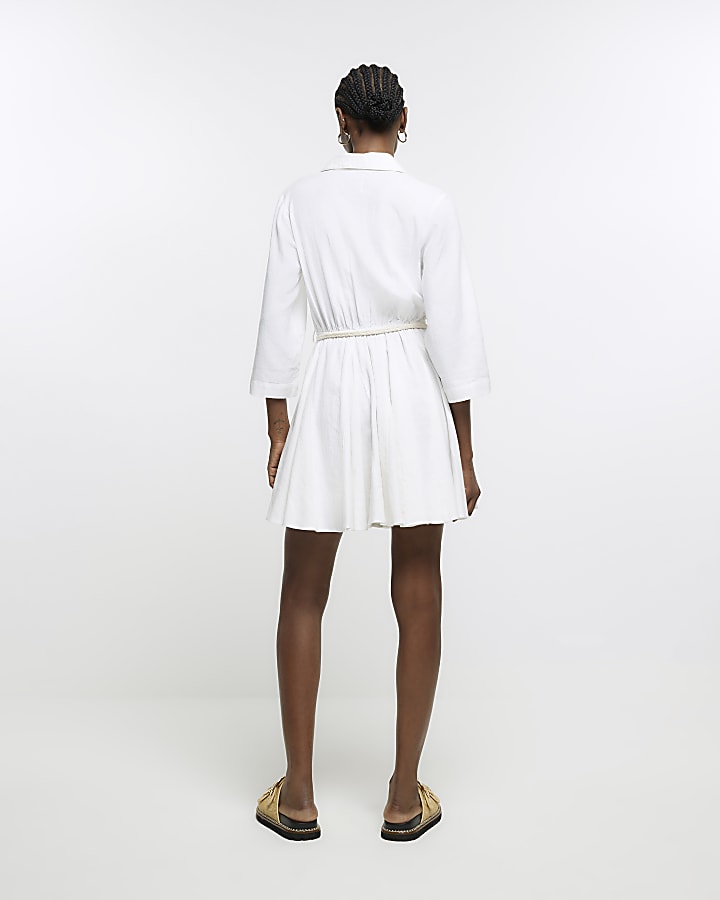 White belted mini shirt dress with linen