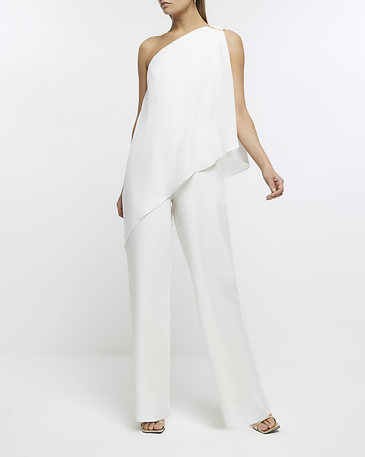 Petite White Drape One Shoulder Jumpsuit