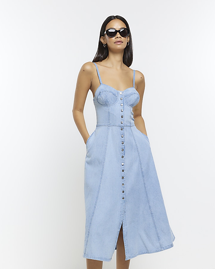 Denim button down midi dress | River Island