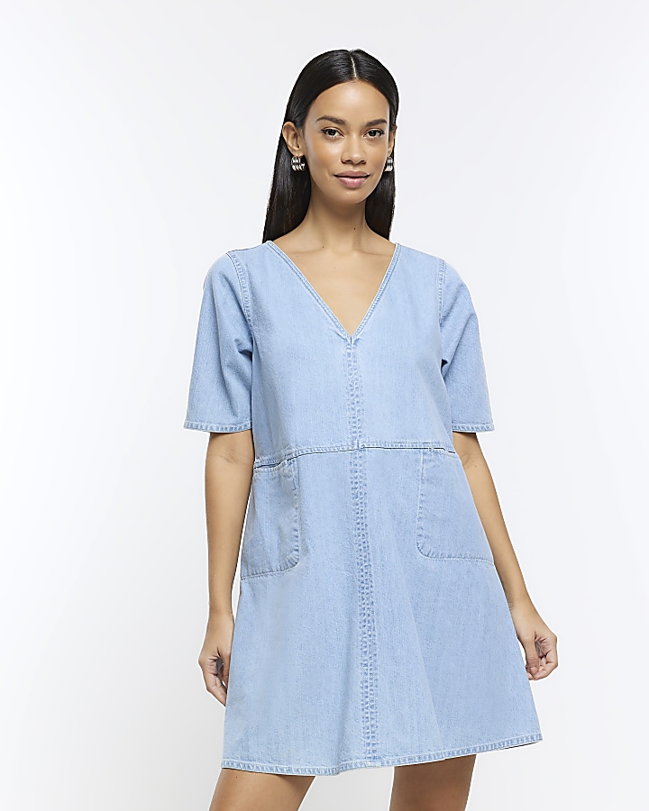 Blue denim short sleeve mini dress | River Island