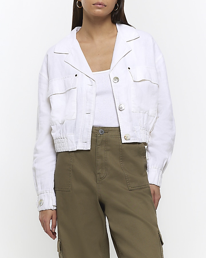 White linen blend crop jacket