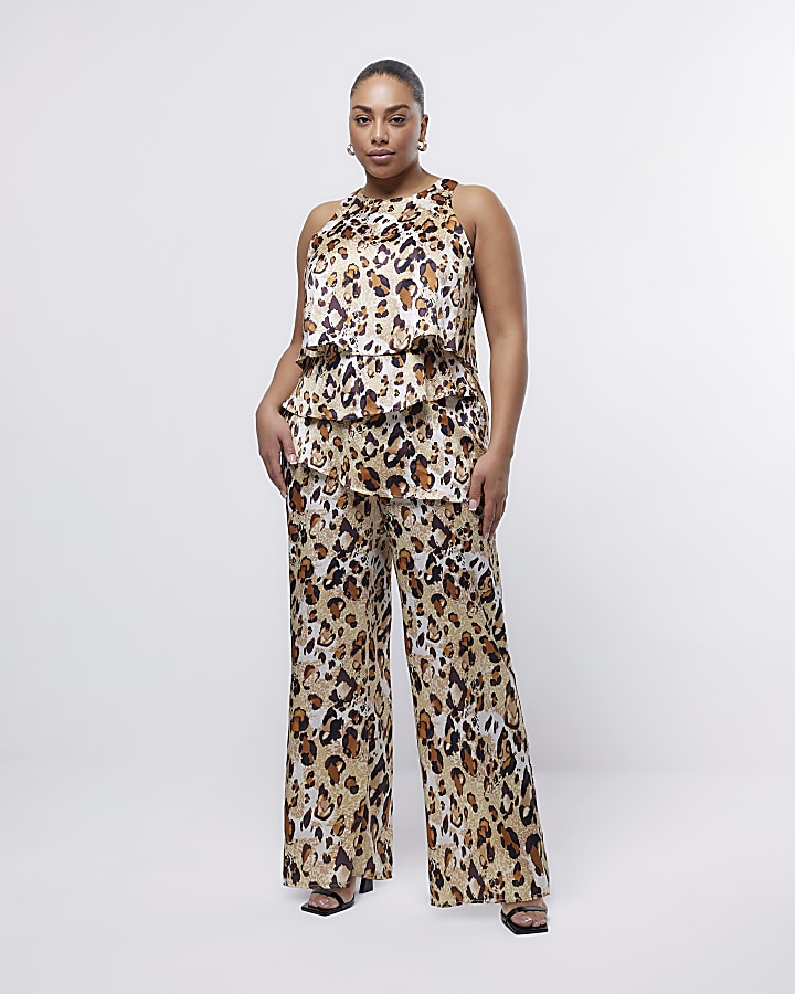 Plus beige leopard print layered jumpsuit