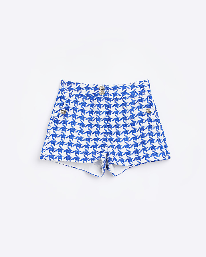 Petite blue boucle dogtooth shorts River Island