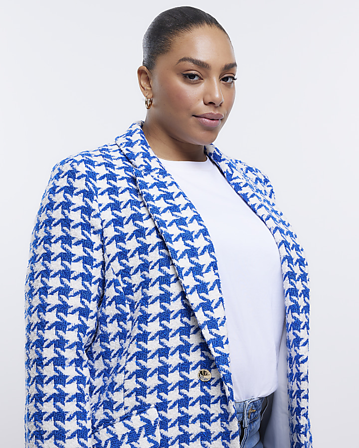 Plus blue dogtooth boucle blazer River Island