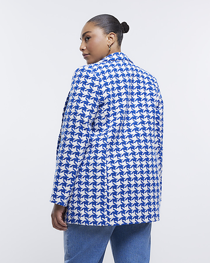 Plus blue dogtooth boucle blazer River Island