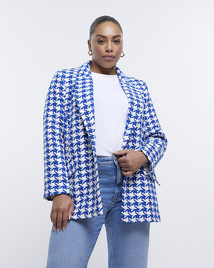 Plus blue dogtooth boucle blazer