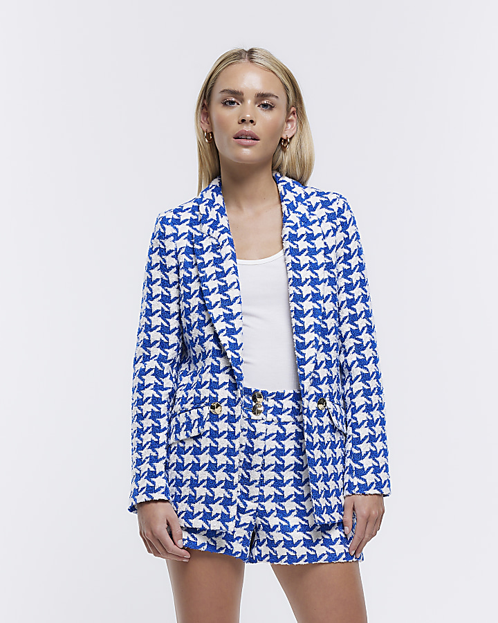 Petite blue boucle dogtooth blazer River Island
