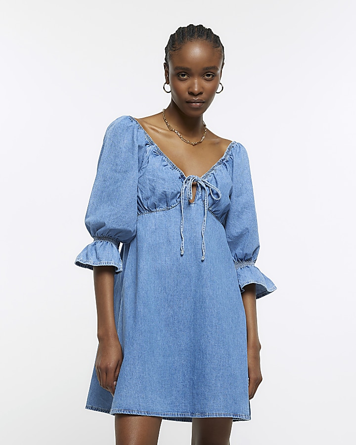 Denim puff sleeve mini dress