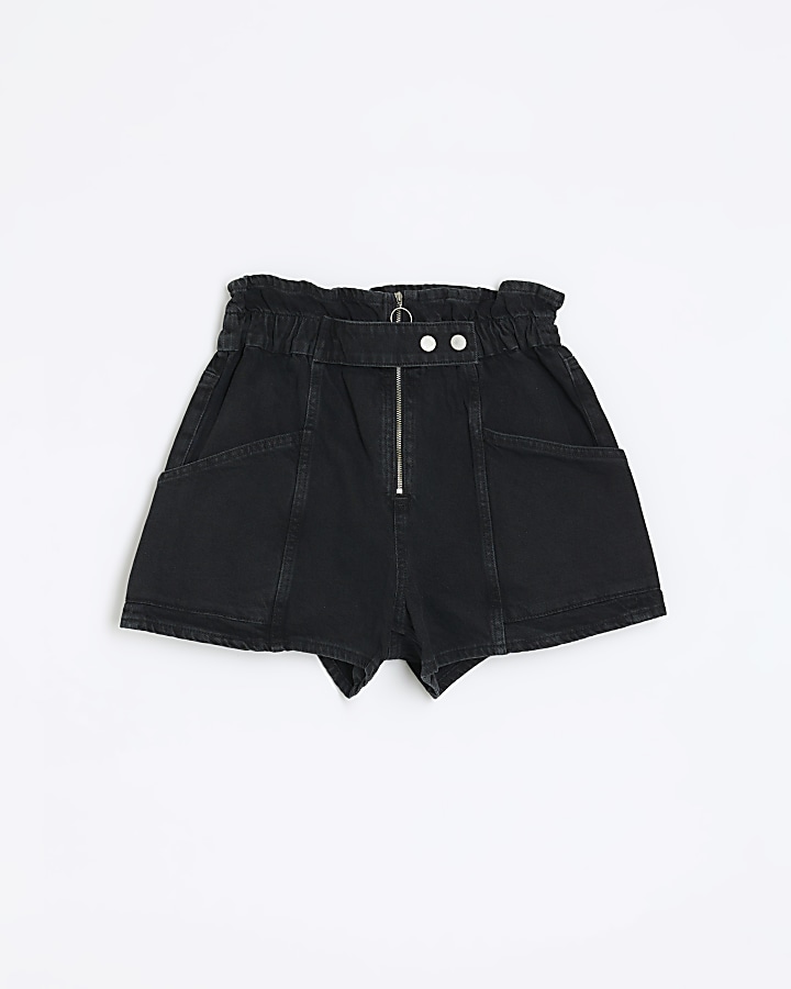 Black paperbag denim shorts | River Island