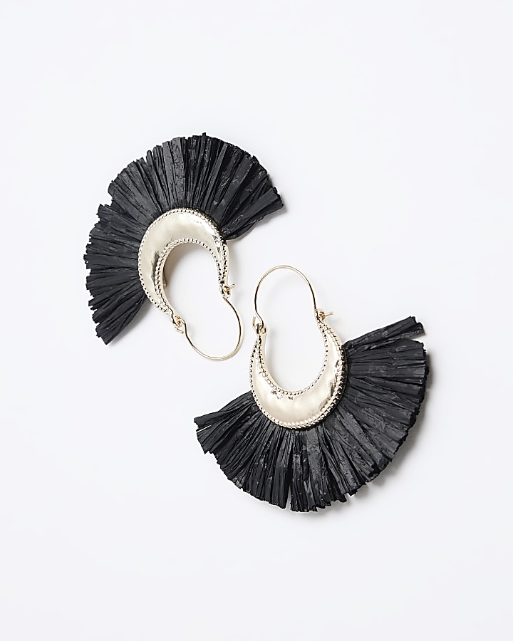 Black raffia fringe hoop earrings