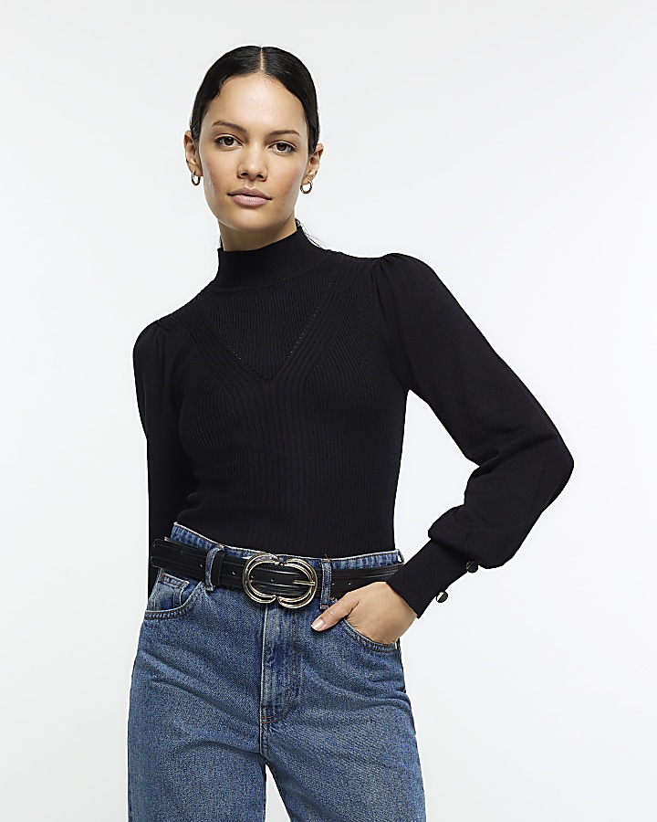 Black Rib Mix Roll Neck Top | River Island