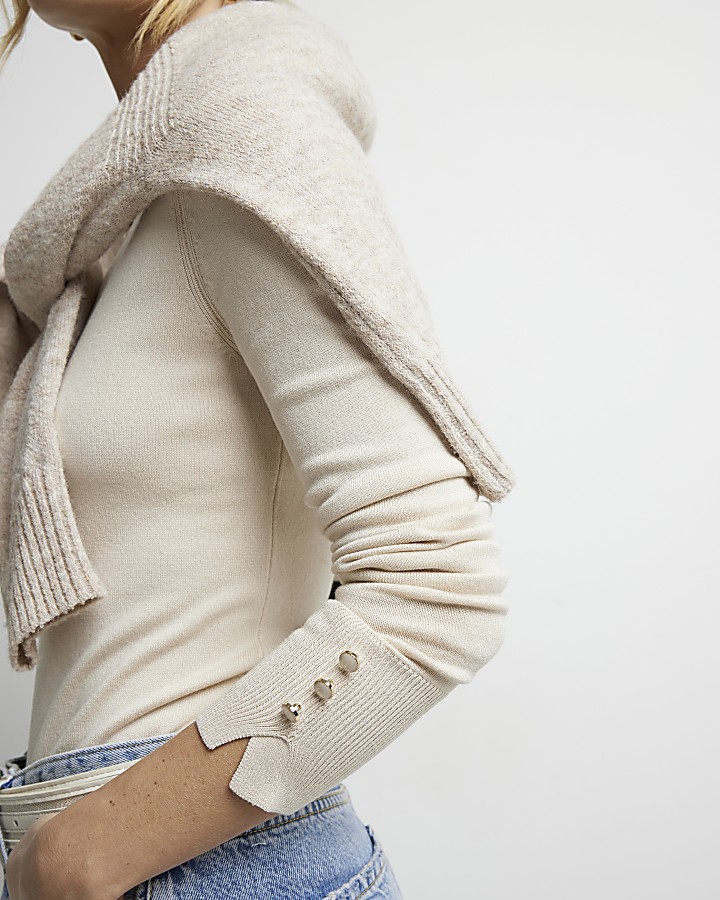 Cream knit long sleeve top River Island