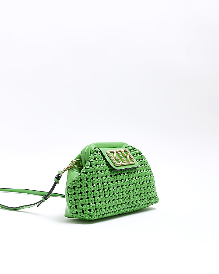 Green woven clutch bag