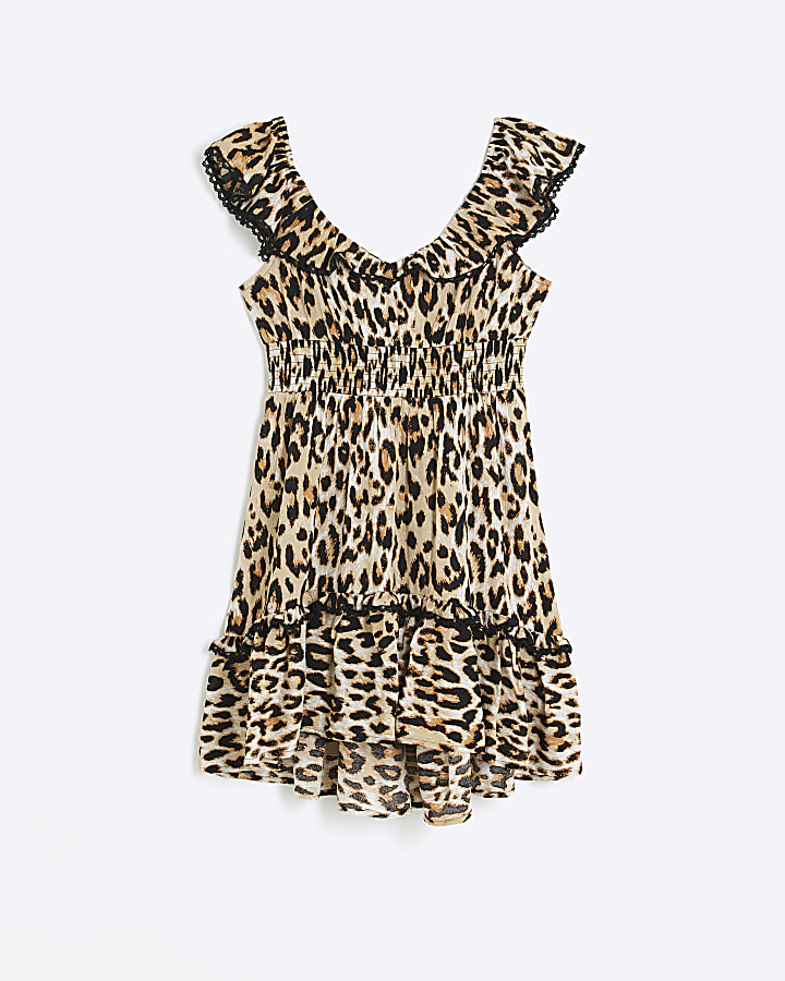 Brown leopard print bardot mini dress